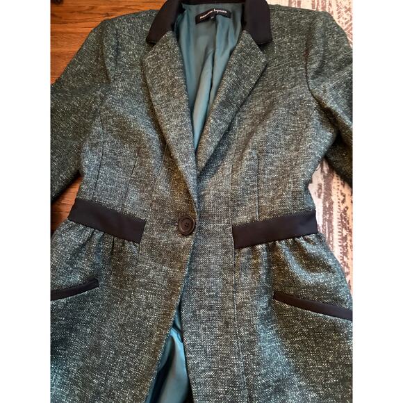 Nanette Lepore green tweed blazer with black elbow patches and trim - Picture 2 of 7